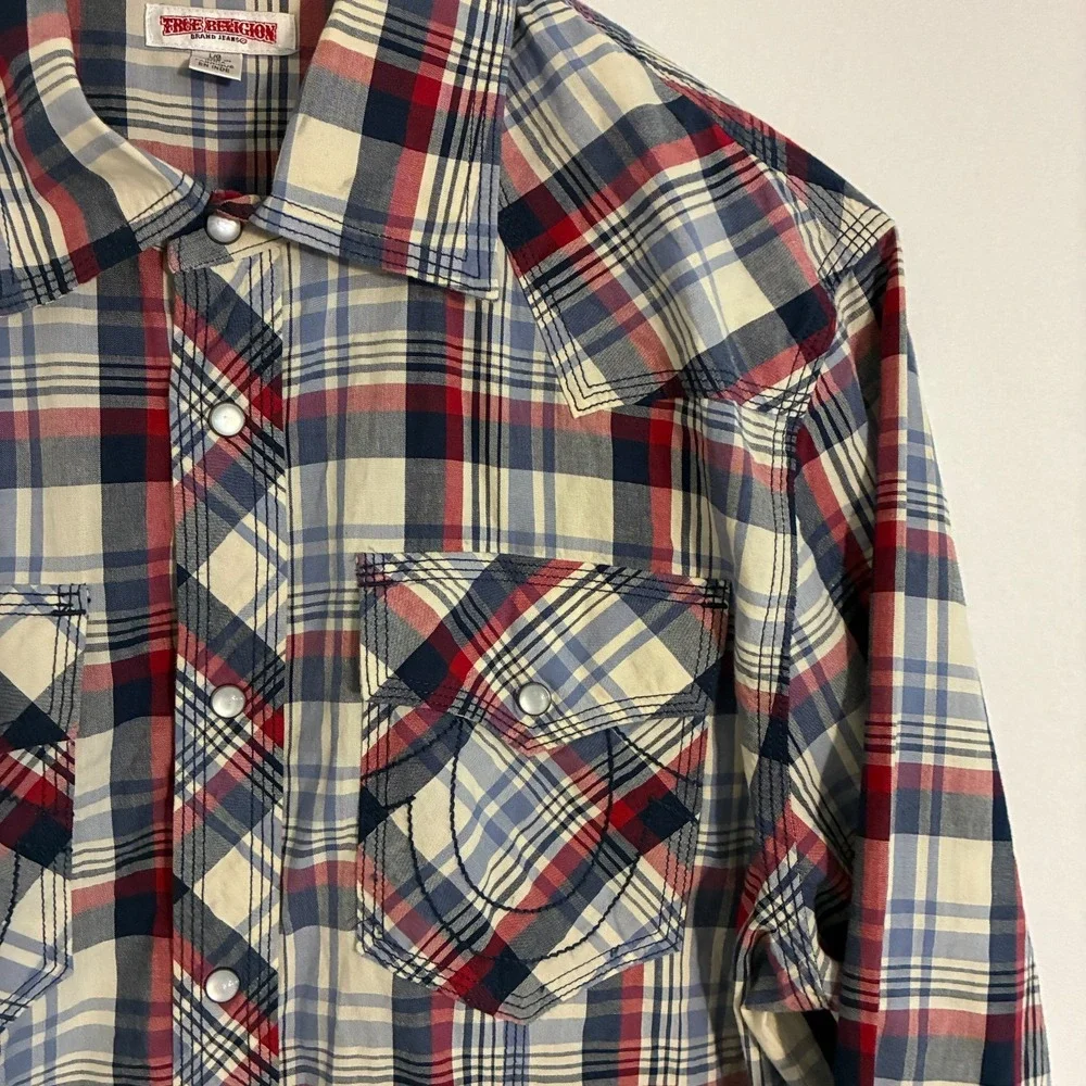 True Religion Western Shirt Mens Size L Plaid Pearl Snap Cowboy Logo Ranch Rodeo